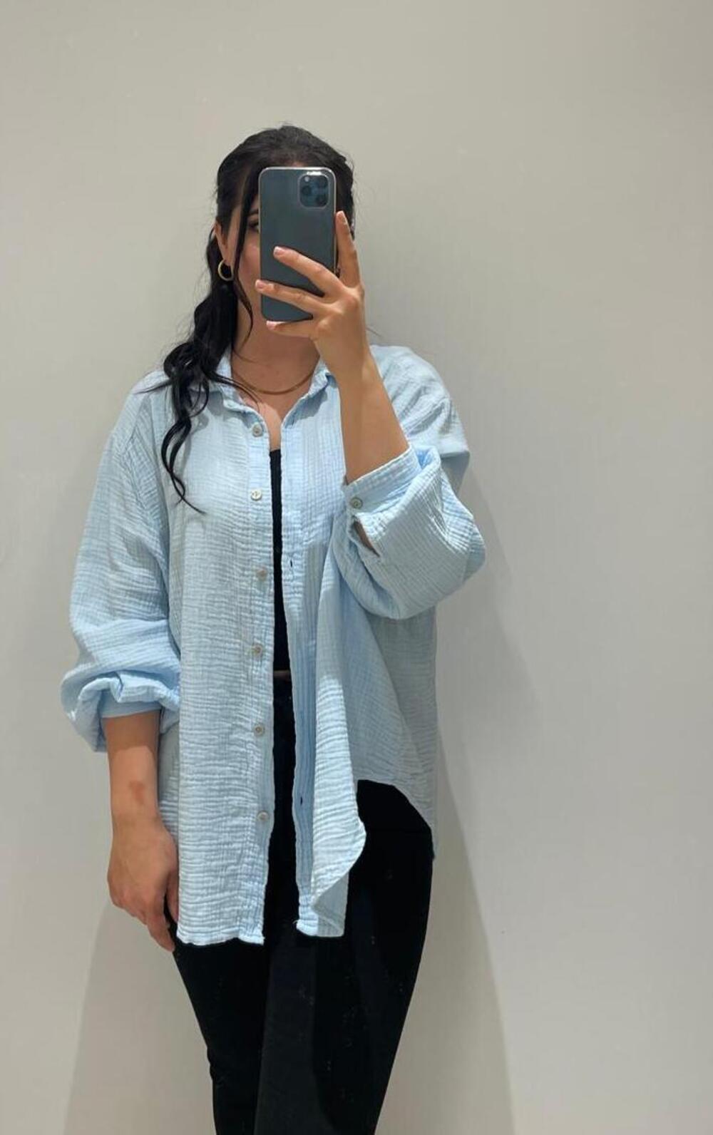 Oversize Musselin Bluse - Himmelblau