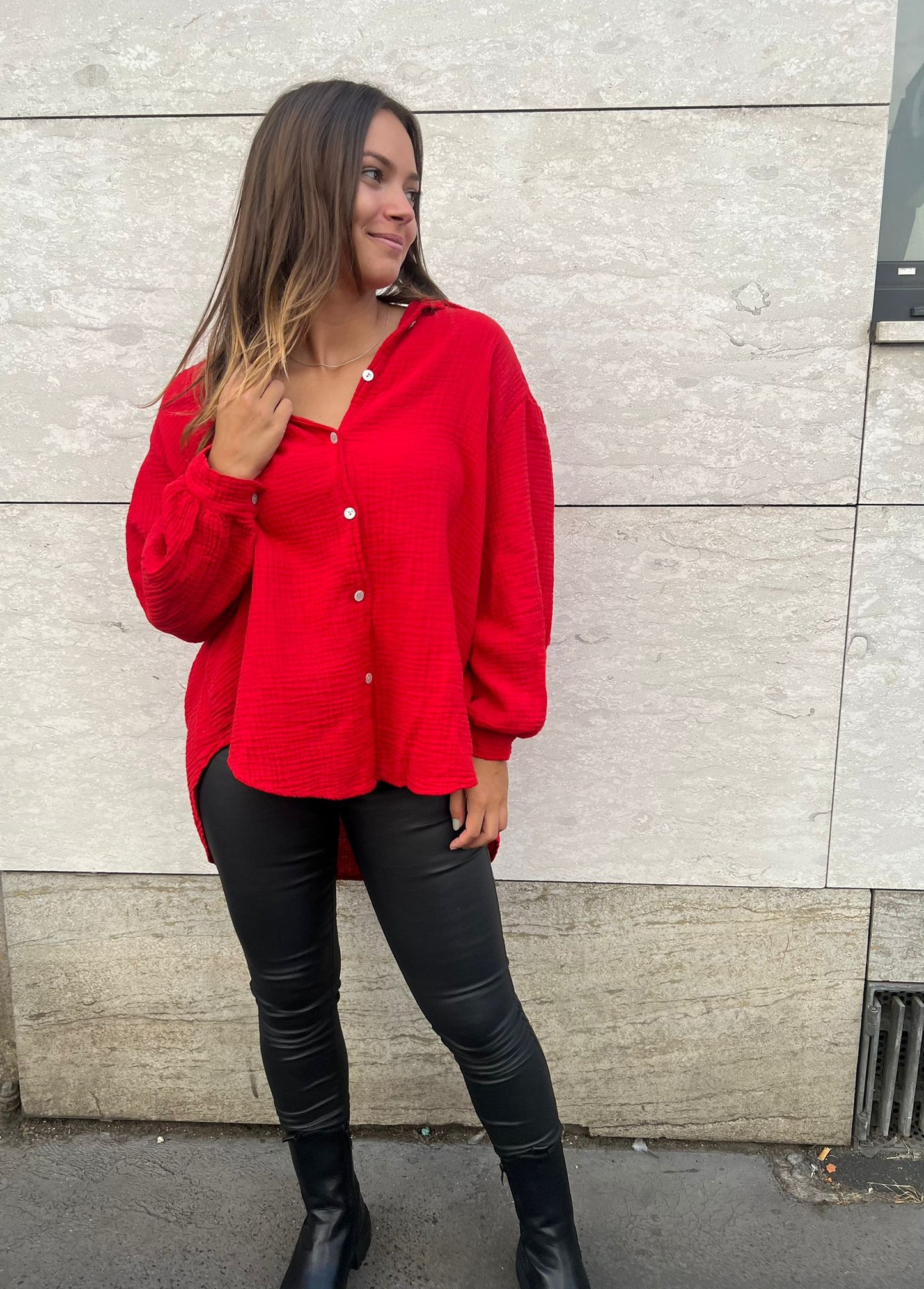 Oversize Musselin Bluse - Red